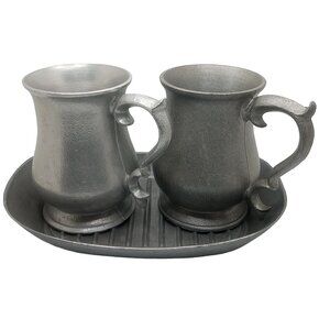 Vintage Pewter Tankards & Matching Tray Set